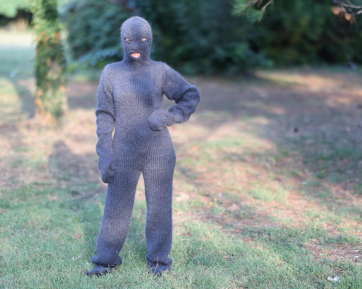 Gray Mohair Catsuit – Hand-Knitted Fluffy Full Body Suit with Balaclava, Mittens and Socks T1472