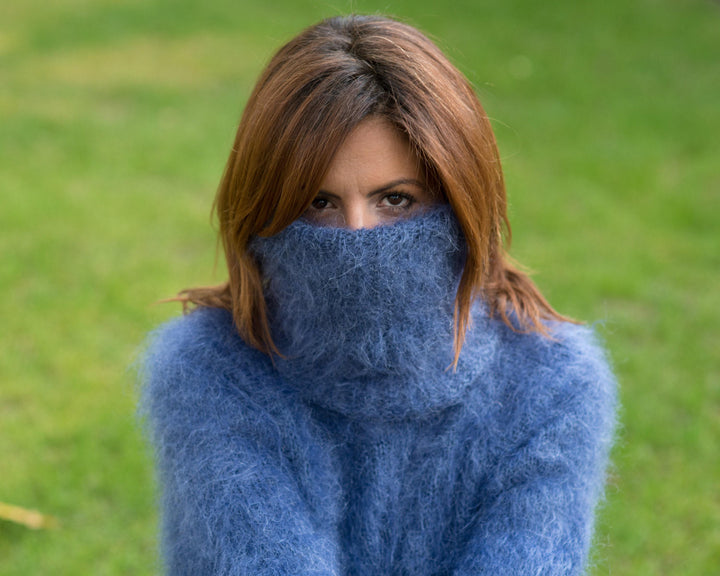 Denim Blue Mohair Bodysuit – Hand-Knitted Fluffy Full Body Suit with Extra Long Turtleneck – T827