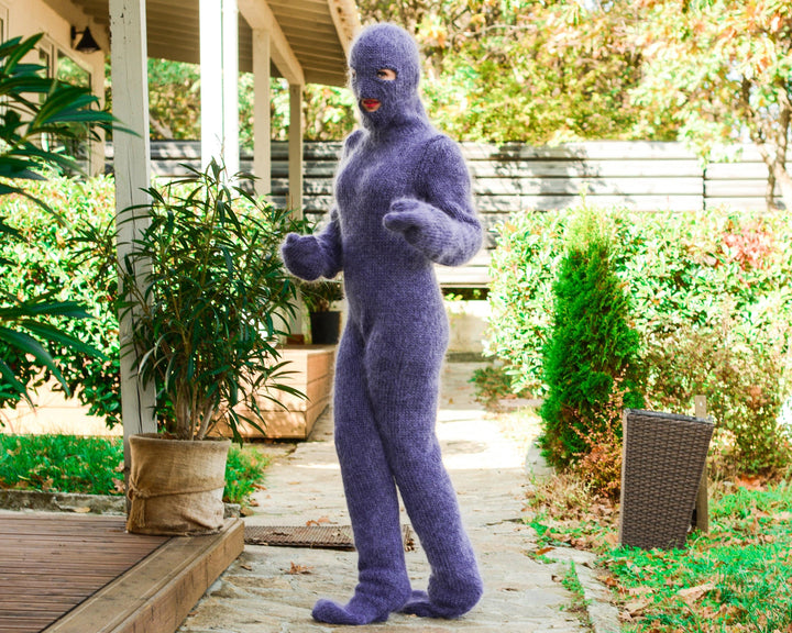 Gray Mohair Catsuit – Fluffy Hand-Knitted Full Set with Balaclava, Mittens and Socks T679
