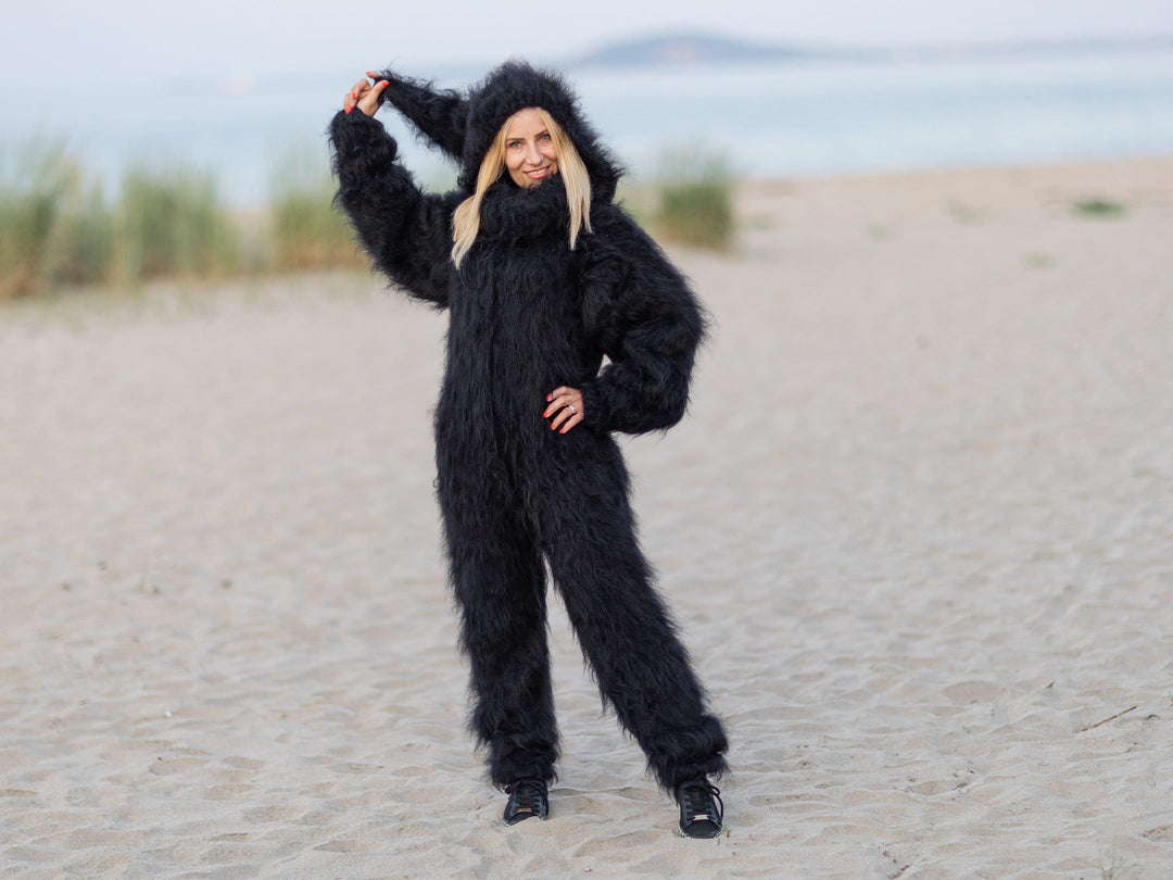 Black Mohair Catsuit – Fluffy Hand-Knitted Hooded Full Body Suit – Cozy Soft One-Piece – T1089