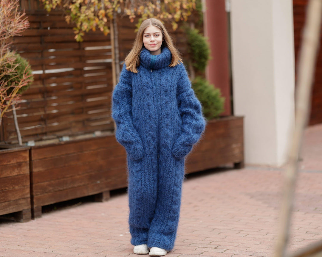 Blue Mohair Catsuit – Fluffy Hand-Knitted 5-Strand Full Body Suit – Soft Cozy One-Piece Knit – T1377
