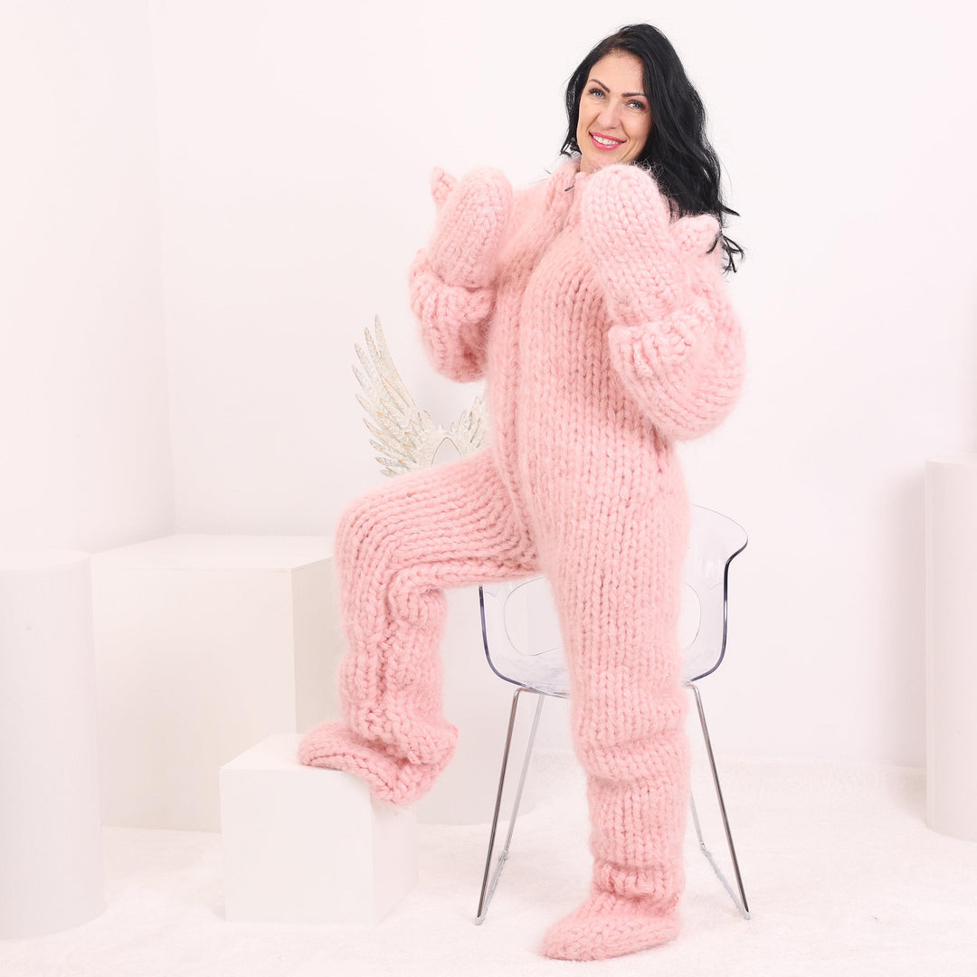 Mohair Catsuit – 20-Strand Hand-Knitted Fluffy Full Body Suit with Socks and Matching Mittens – T1623