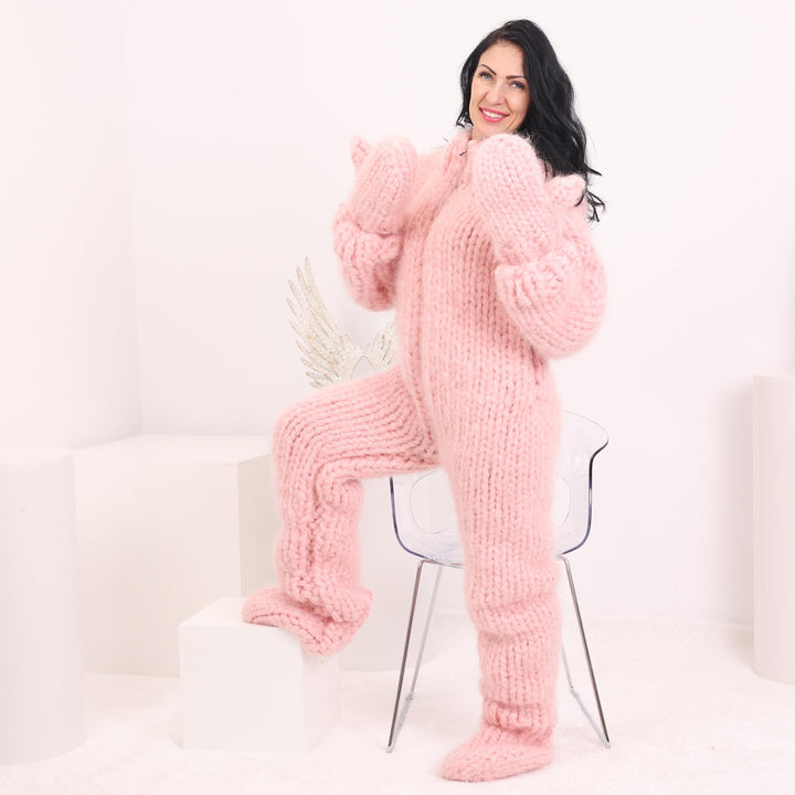 Mohair Catsuit – 20-Strand Hand-Knitted Fluffy Full Body Suit with Socks and Matching Mittens – T1623