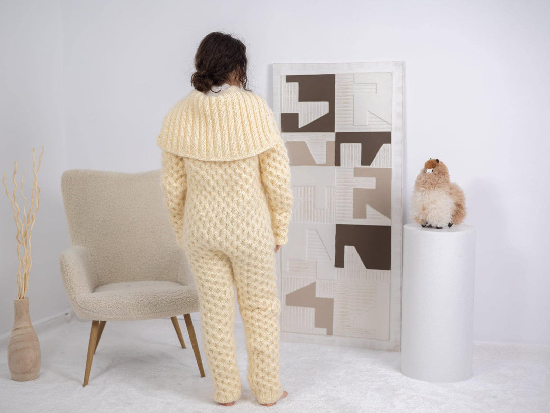 Cream Mohair Catsuit – Chunky Hand-Knitted Fluffy Cable Knit Romper – Soft Cozy One-Piece – T1684
