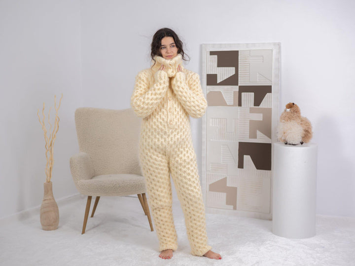 Cream Mohair Catsuit – Chunky Hand-Knitted Fluffy Cable Knit Romper – Soft Cozy One-Piece – T1684