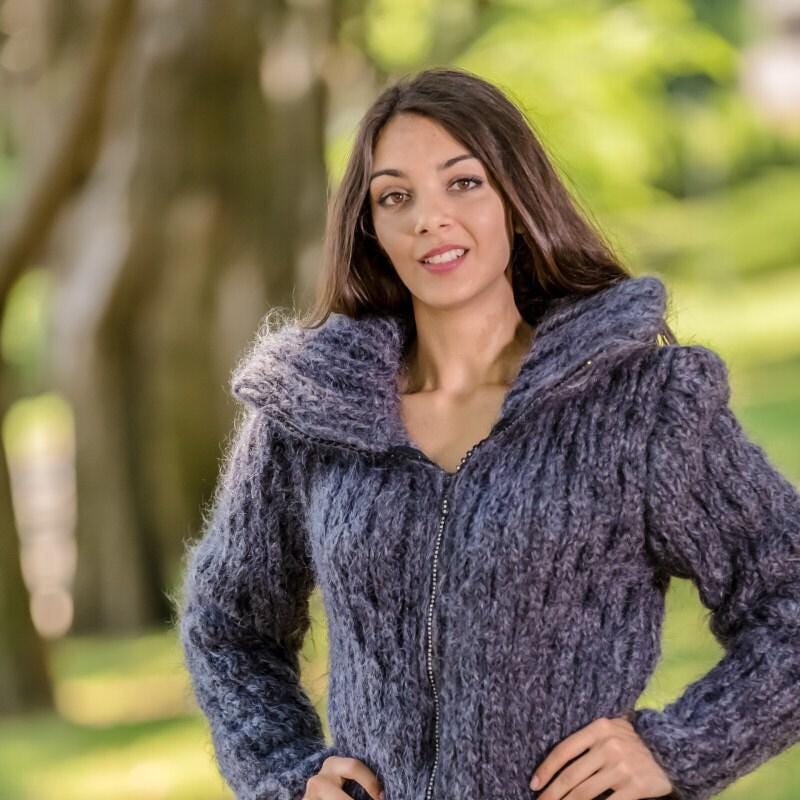 Gray Mohair Catsuit – Hand-Knitted Chunky Fluffy Bodysuit with Zipper – One-Piece Knit T346