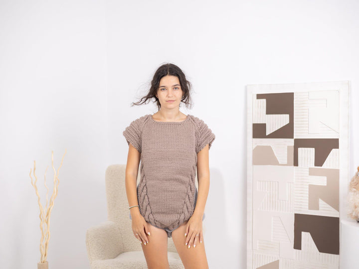 Wool Romper – Short-Sleeved Hand-Knitted Chunky Cable Knit Bodysuit – Soft Cozy One-Piece – T1681