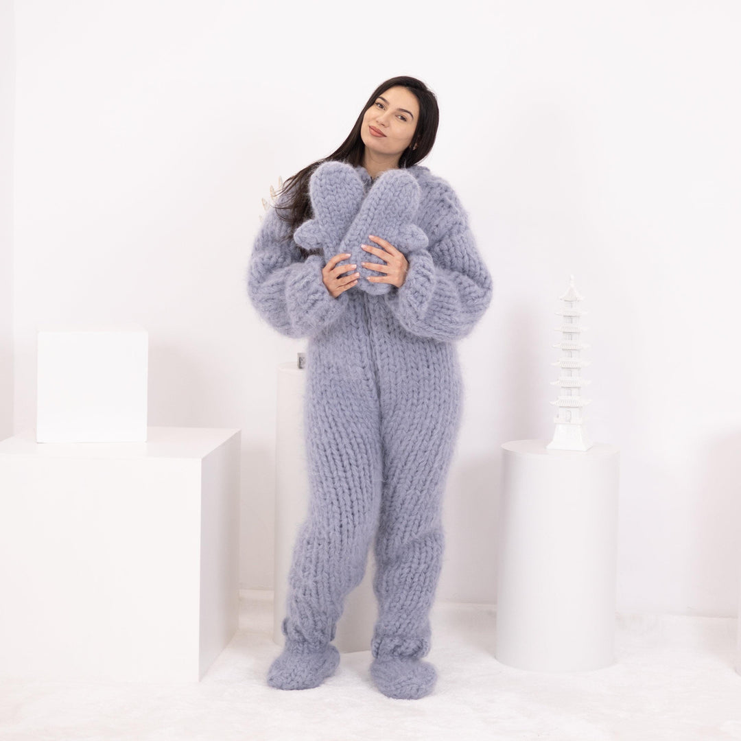 Mohair Catsuit – 20-Strand Hand-Knitted Fluffy Full Body Suit with Matching Mittens and Socks – T1596