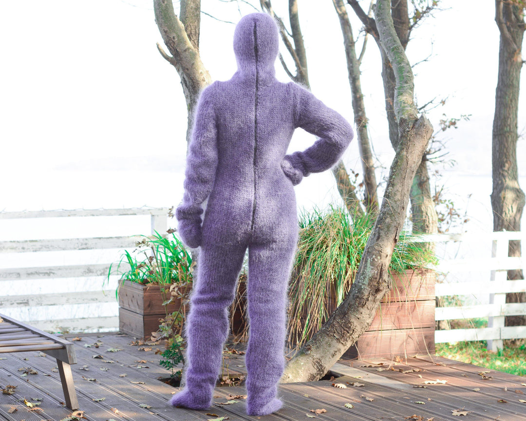 Gray Mohair Catsuit – Fluffy Hand-Knitted Full Set with Balaclava, Mittens and Socks T679
