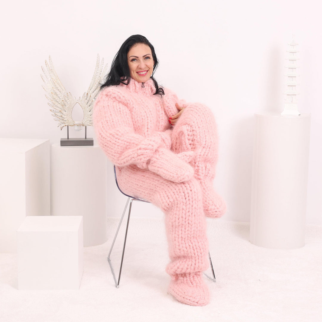 Mohair Catsuit – 20-Strand Hand-Knitted Fluffy Full Body Suit with Socks and Matching Mittens – T1623