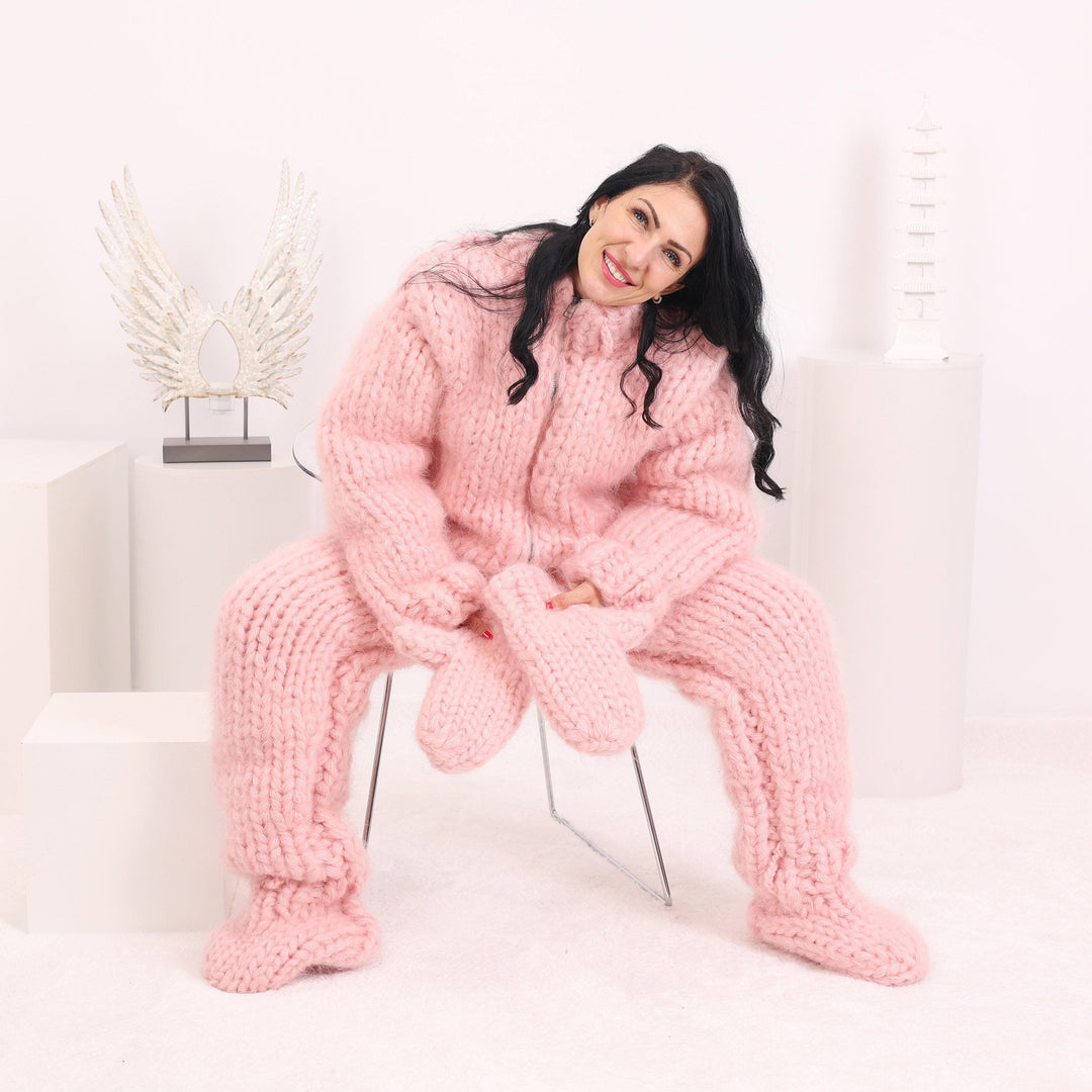 Mohair Catsuit – 20-Strand Hand-Knitted Fluffy Full Body Suit with Socks and Matching Mittens – T1623