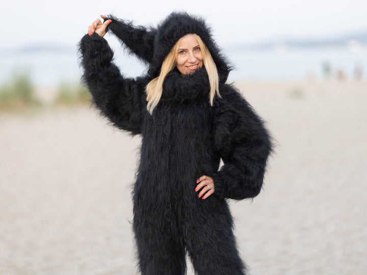Black Mohair Catsuit – Fluffy Hand-Knitted Hooded Full Body Suit – Cozy Soft One-Piece – T1089