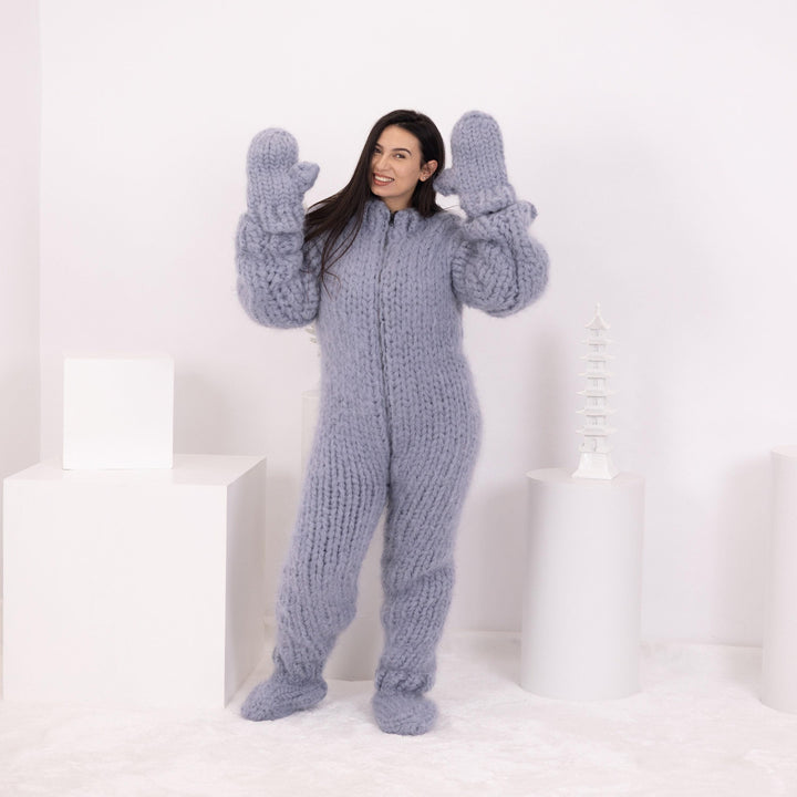 Mohair Catsuit – 20-Strand Hand-Knitted Fluffy Full Body Suit with Matching Mittens and Socks – T1596