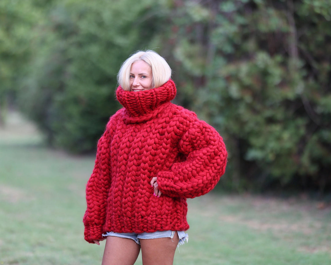 Extra Chunky Red Merino Wool Sweater with 50 cm Turtleneck, Hand Knitted Pullover T1467