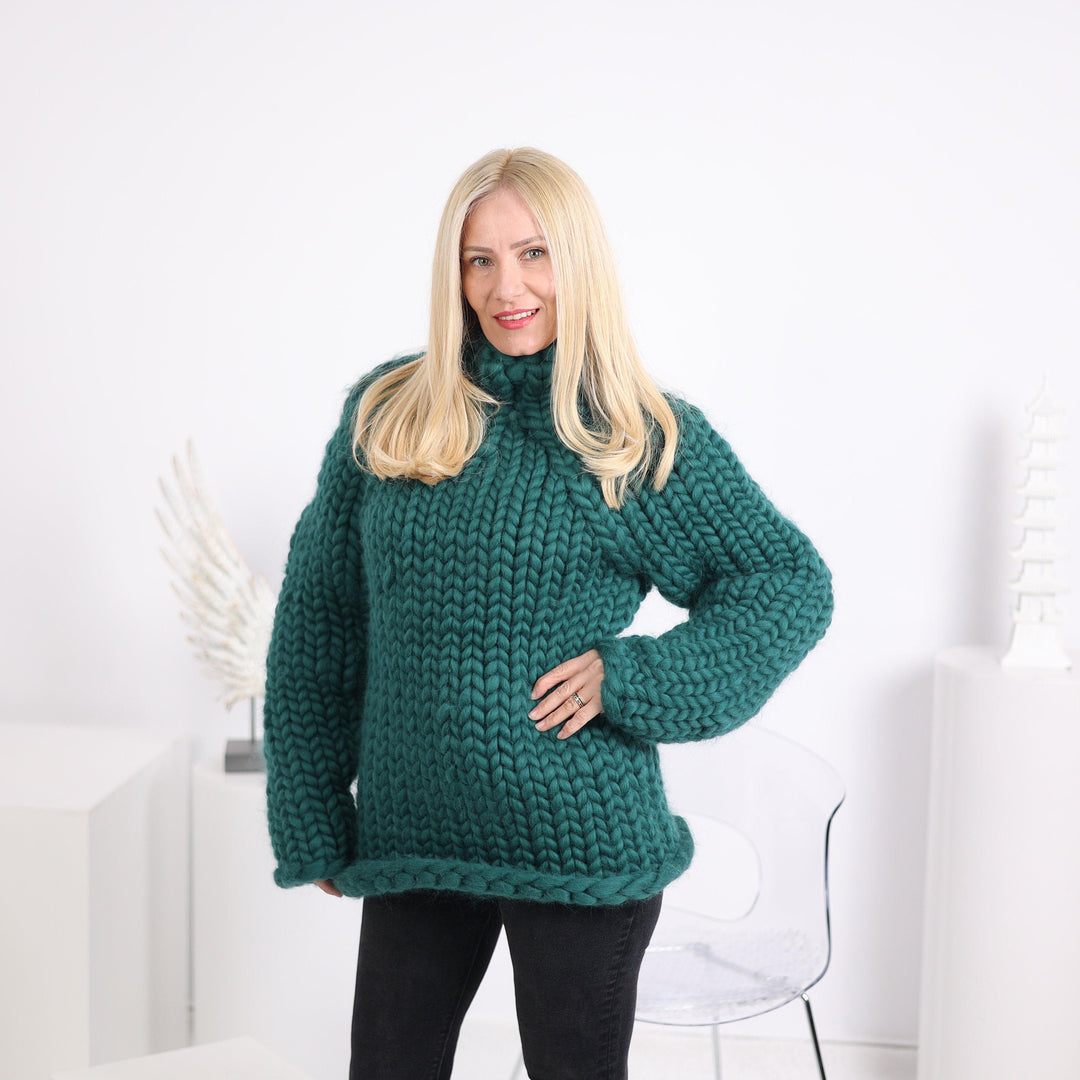 Green Chunky Knit Merino Sweater, Hand Knitted Super Bulky Wool Pullover T1627