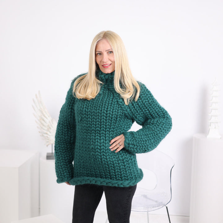 Green Chunky Knit Merino Sweater, Hand Knitted Super Bulky Wool Pullover T1627