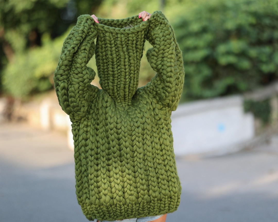 Extra Chunky Merino Wool Sweater with 50 cm Turtleneck, Hand Knitted Heavy Pullover T1448