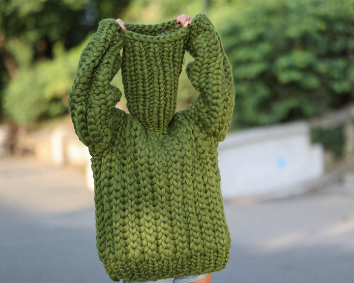 Extra Chunky Merino Wool Sweater with 50 cm Turtleneck, Hand Knitted Heavy Pullover T1448