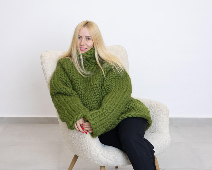 Green Merino Wool Sweater, Hand Knitted Super Chunky Giant Pullover T1521