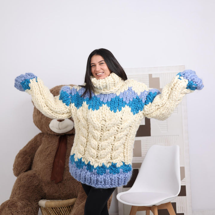 Chunky Icelandic Cable Knit Sweater, Hand Knitted Merino Roving Pullover T1850