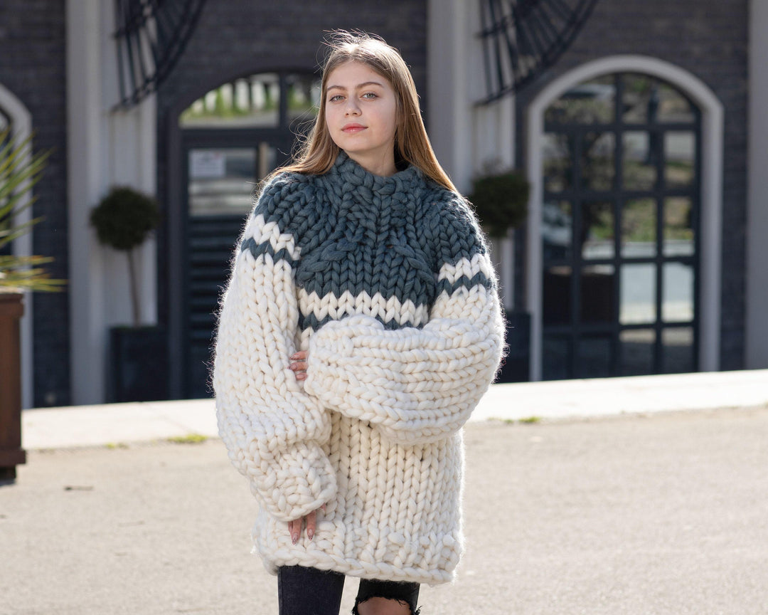 Super Chunky Merino Wool Sweater, Hand Knitted Giant Pullover T1040