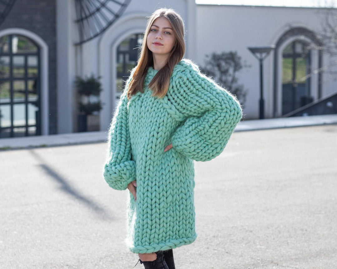 Super Chunky Merino Wool Sweater, Hand Knitted Giant Pullover T1038