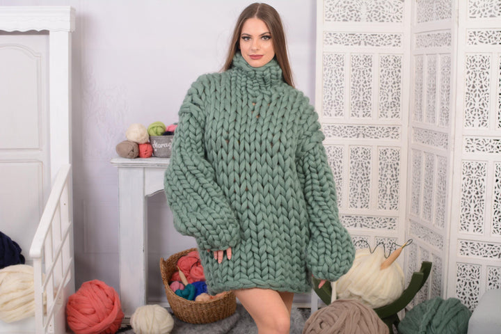 Chunky Merino Wool Sweater, Hand Knitted Warm Winter Pullover T716W