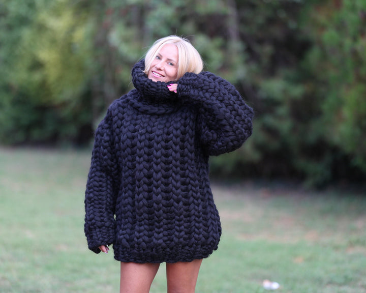 Extra Chunky Black Merino Wool Sweater with 50 cm Turtleneck, Hand Knitted Pullover T1466