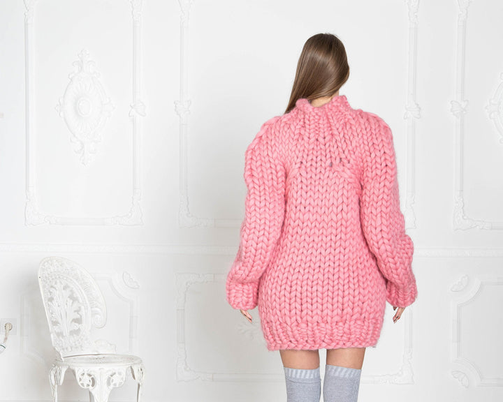 Super Chunky Pink Merino Wool Sweater, Hand Knitted Giant Pullover T623W