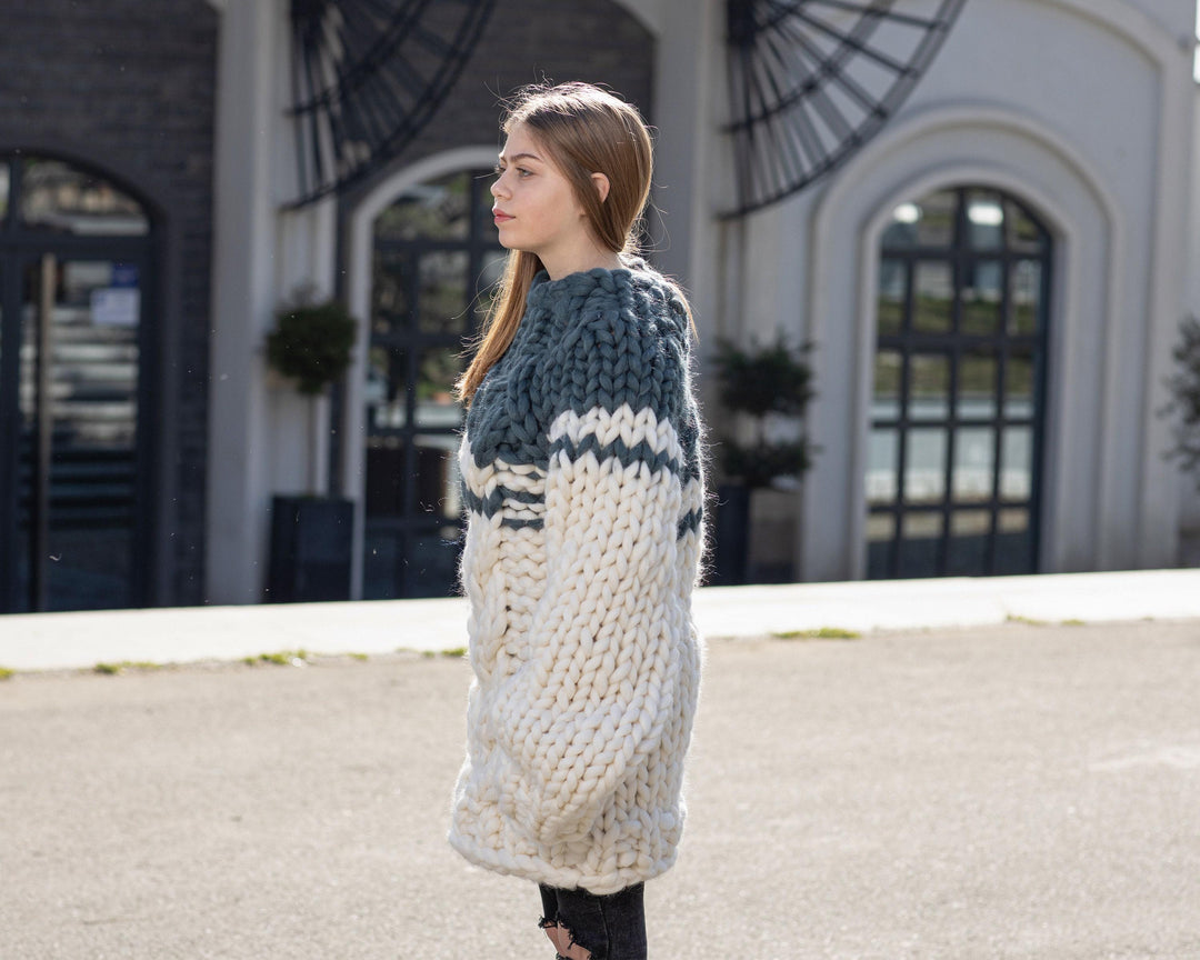 Super Chunky Merino Wool Sweater, Hand Knitted Giant Pullover T1041