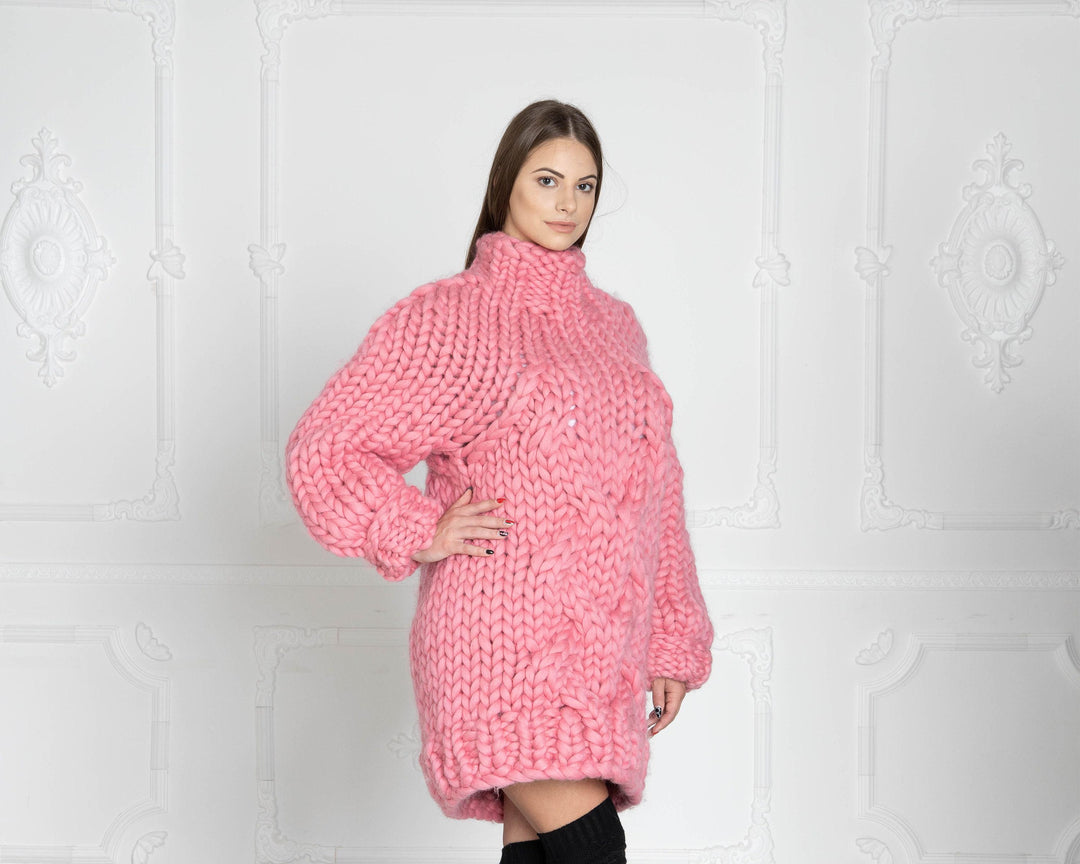 Pink Cable Knit Merino Sweater, Hand Knitted Chunky Wool Pullover T624W