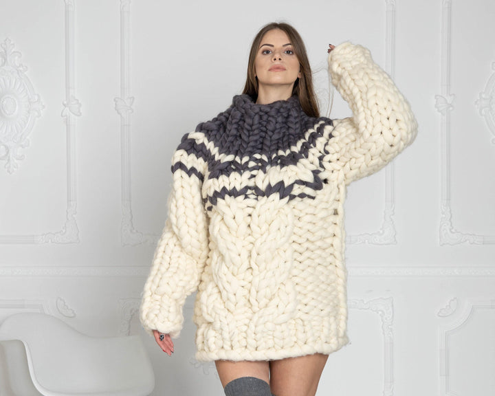 Thick Cable Knit Merino Sweater, Hand Knitted Super Chunky Wool Pullover T621W