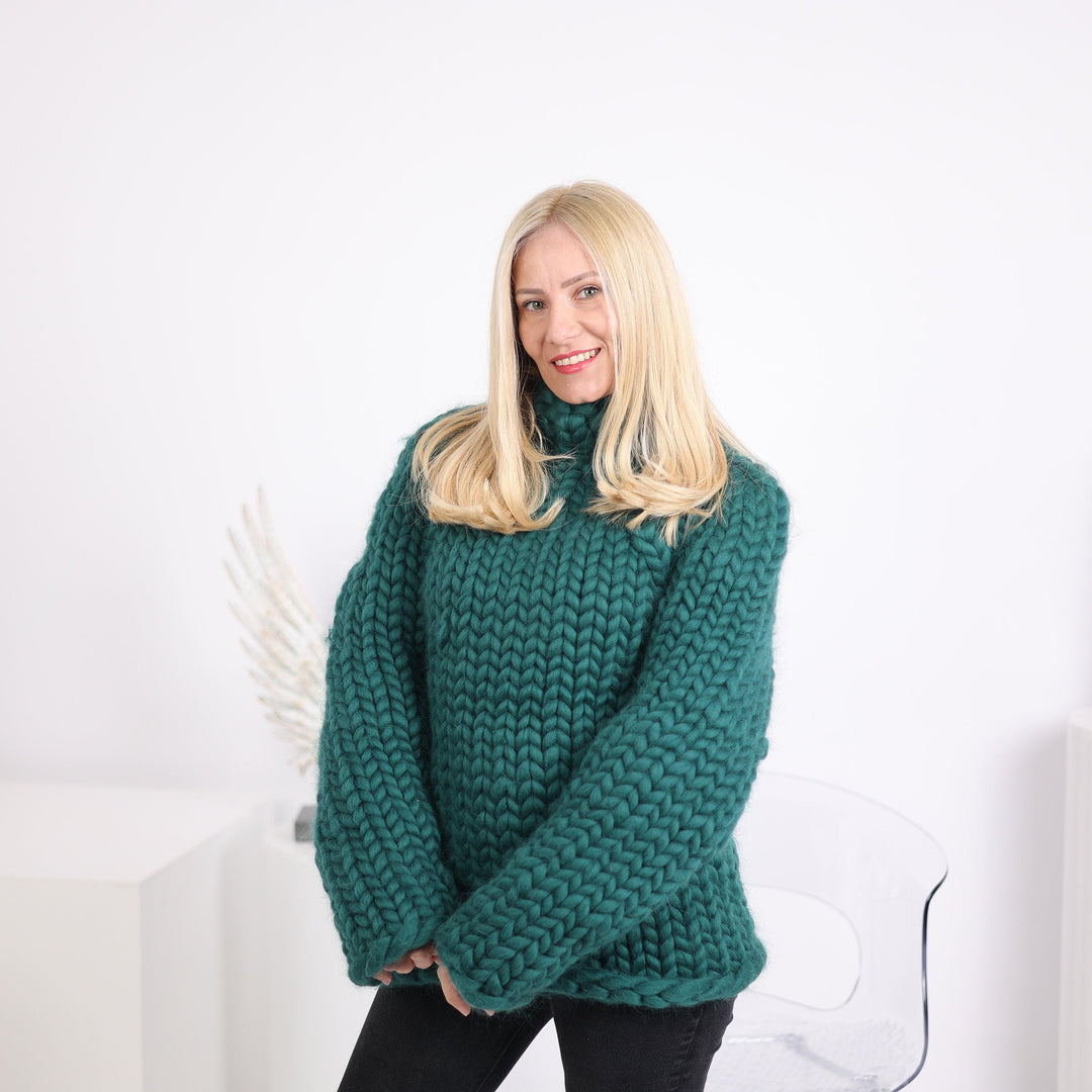 Green Chunky Knit Merino Sweater, Hand Knitted Super Bulky Wool Pullover T1627