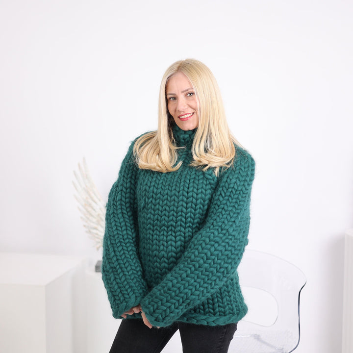 Green Chunky Knit Merino Sweater, Hand Knitted Super Bulky Wool Pullover T1627