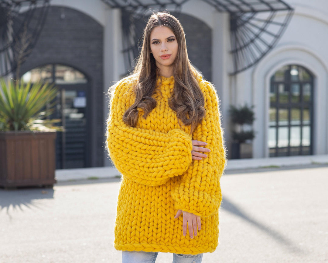 Yellow Merino Wool Sweater, Hand Knitted Super Chunky Giant Pullover T1037