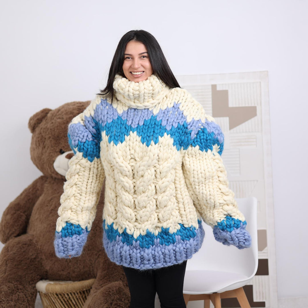 Chunky Icelandic Cable Knit Sweater, Hand Knitted Merino Roving Pullover T1850