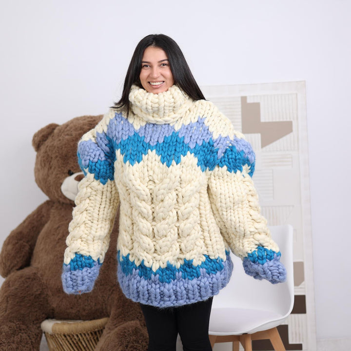 Chunky Icelandic Cable Knit Sweater, Hand Knitted Merino Roving Pullover T1850