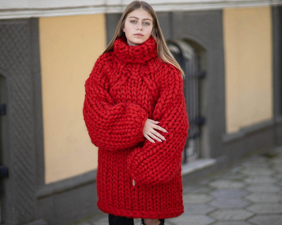 Chunky Knit Merino Sweater, Hand Knitted Super Bulky Wool Pullover T1039