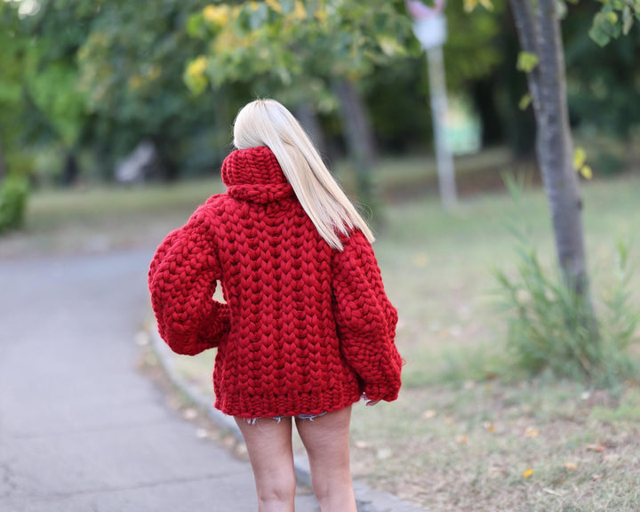 Extra Chunky Red Merino Wool Sweater with 50 cm Turtleneck, Hand Knitted Pullover T1467