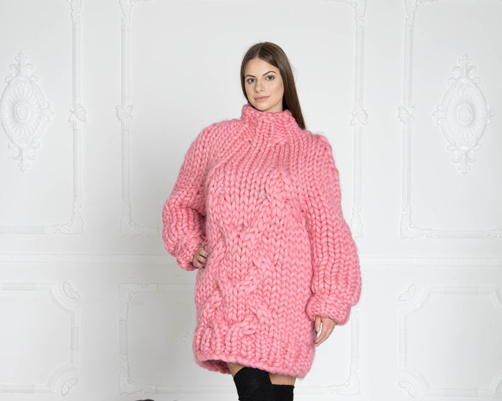 Pink Cable Knit Merino Sweater, Hand Knitted Chunky Wool Pullover T624W