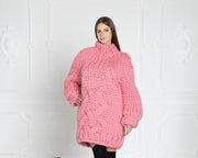 Rosa Zopfmuster-Merinopullover, handgestrickter, klobiger Wollpullover T624W