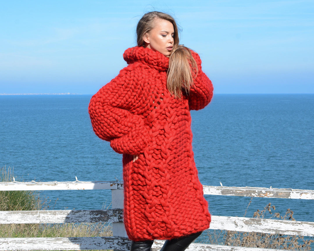 Thick Cable Knit Merino Sweater, Hand Knitted Super Chunky Wool Pullover T667W
