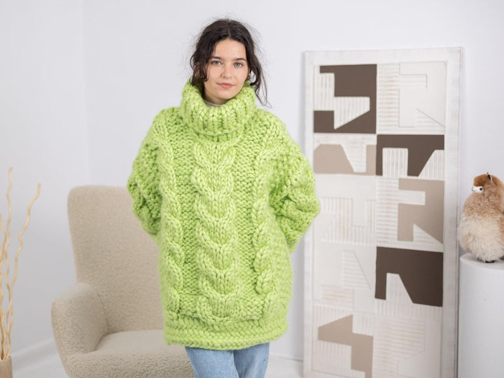 Apple Green Cable Knit Merino Sweater, Hand Knitted Thick Wool Pullover T1670