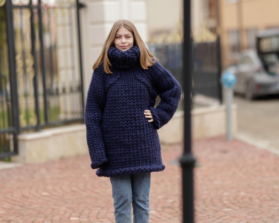 Giant Knit Merino Sweater, Hand Knitted Super Chunky Wool Pullover T1367