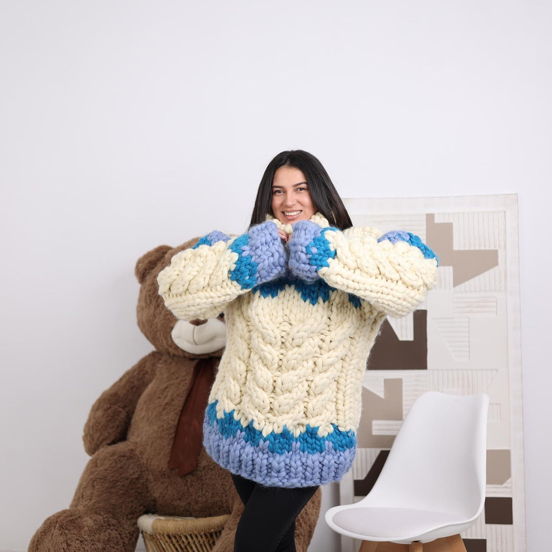 Chunky Icelandic Cable Knit Sweater, Hand Knitted Merino Roving Pullover T1850