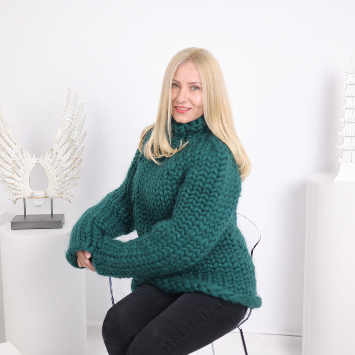 Green Chunky Knit Merino Sweater, Hand Knitted Super Bulky Wool Pullover T1627