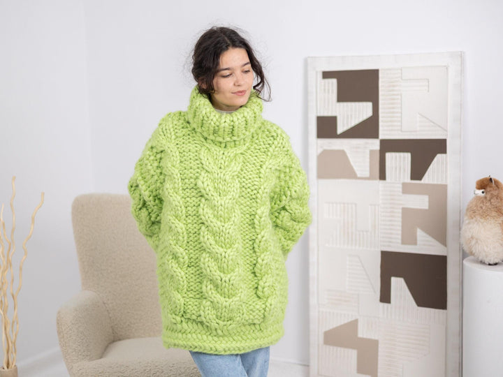 Apple Green Cable Knit Merino Sweater, Hand Knitted Thick Wool Pullover T1670