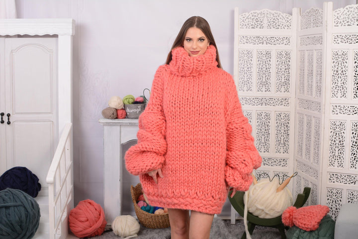 Thick Cable Knit Merino Sweater, Hand Knitted Super Chunky Wool Pullover T738AW