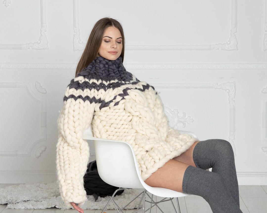 Thick Cable Knit Merino Sweater, Hand Knitted Super Chunky Wool Pullover T621W