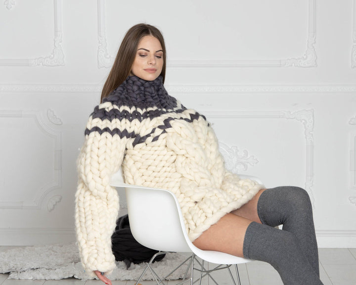 Thick Cable Knit Merino Sweater, Hand Knitted Super Chunky Wool Pullover T621W